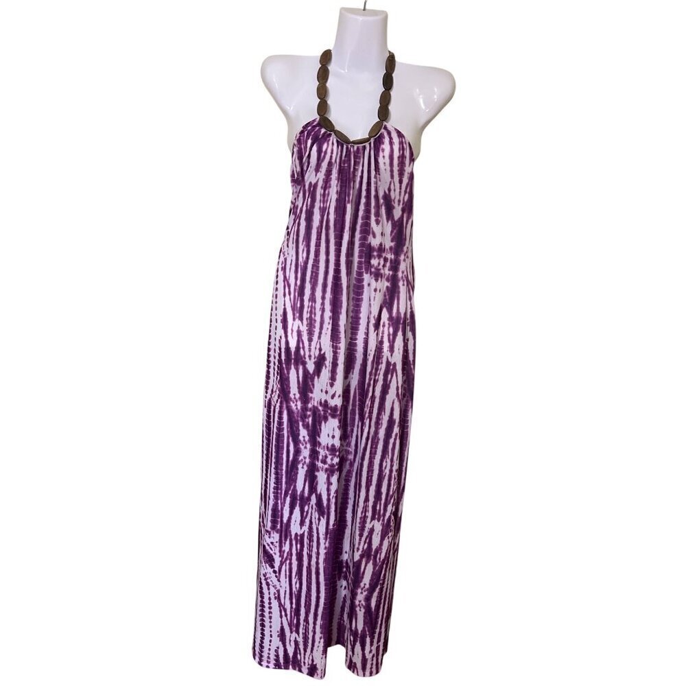 Purple Tie-Dye‎ Halter Maxi Dress S  Wood Beaded Neckline Beachy Boho  Hippie